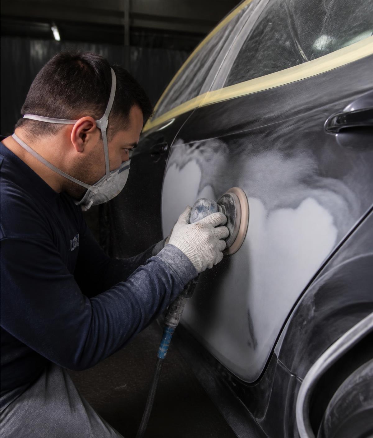 Body shop technician sanding a repaired car door panel